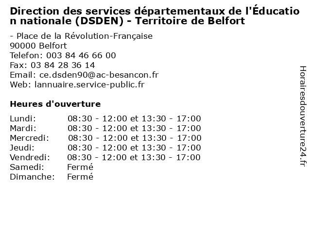 Direction des services départementaux de l'Éducation nationale (DSDEN) - Territoire de Belfort à Belfort: adresse et heures d'ouverture