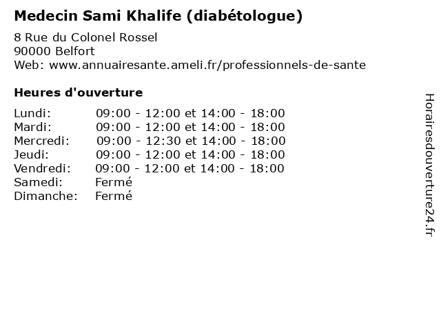 Medecin Sami Khalife (diabétologue) à Belfort: adresse et heures d'ouverture