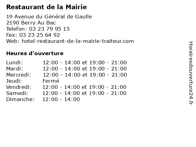 Restaurant de la Mairie à Berry Au Bac: adresse et heures d'ouverture