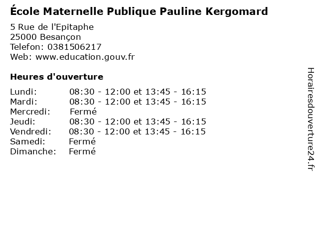 École Maternelle Publique Pauline Kergomard à Besançon: adresse et heures d'ouverture