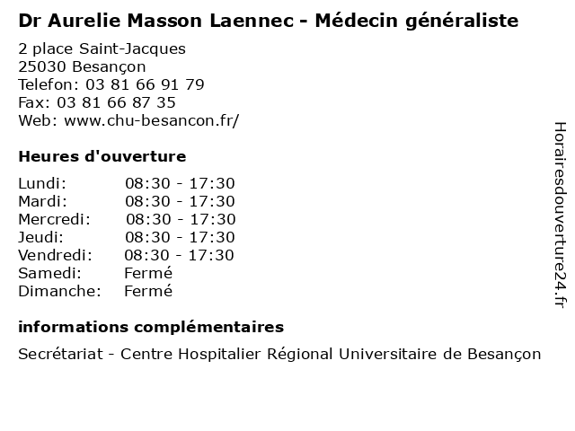 Dr Aurelie Masson Laennec - Médecin généraliste à Besançon: adresse et heures d'ouverture