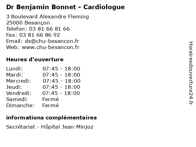 Dr Benjamin Bonnet - Cardiologue à Besançon: adresse et heures d'ouverture