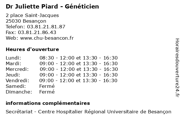 Dr Juliette Piard - Généticien à Besançon: adresse et heures d'ouverture