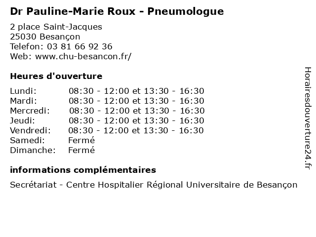 Dr Pauline-Marie Roux - Pneumologue à Besançon: adresse et heures d'ouverture