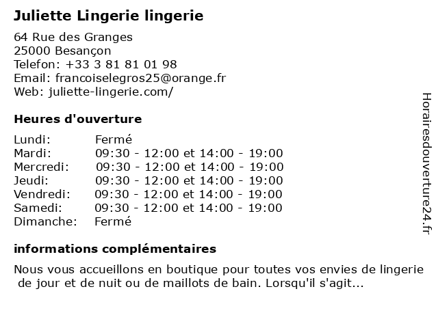 Juliette Lingerie lingerie à Besançon: adresse et heures d'ouverture