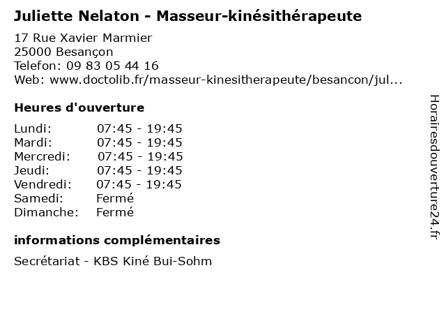 Juliette Nelaton - Masseur-kinésithérapeute à Besançon: adresse et heures d'ouverture
