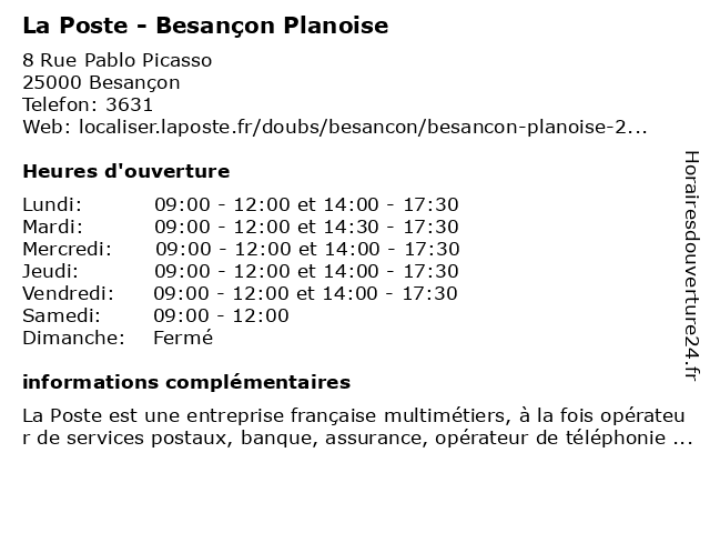 La Poste - Besançon Planoise à Besançon: adresse et heures d'ouverture