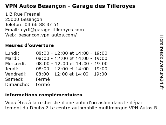VPN Autos Besançon - Garage des Tilleroyes à Besançon: adresse et heures d'ouverture