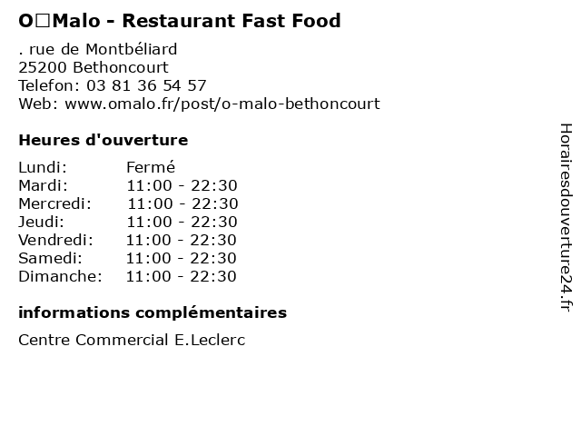 O’Malo - Restaurant Fast Food à Bethoncourt: adresse et heures d'ouverture