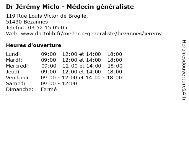 Dr Jérémy Miclo - Médecin généraliste à Bezannes: adresse et heures d'ouverture