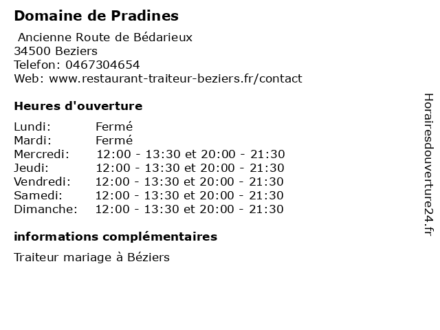 Domaine de Pradines à Beziers: adresse et heures d'ouverture