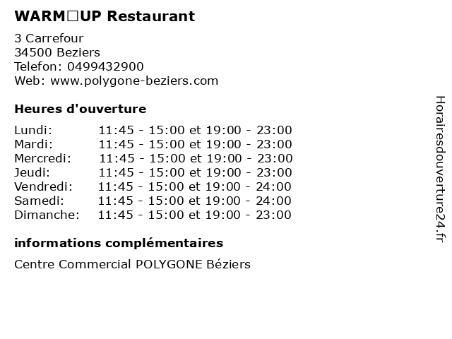 WARM’UP Restaurant à Beziers: adresse et heures d'ouverture