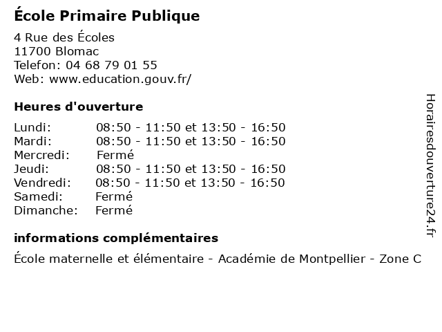 École Primaire Publique à Blomac: adresse et heures d'ouverture