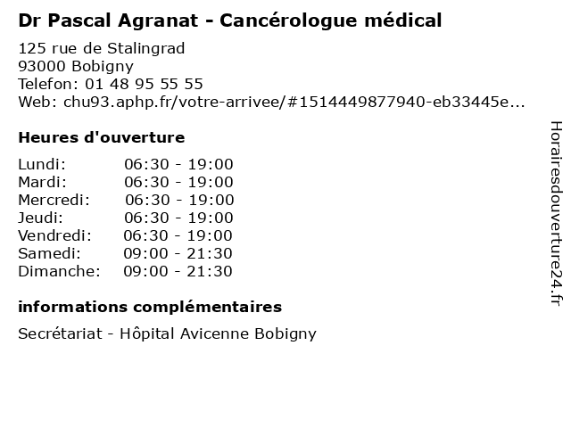 Dr Pascal Agranat - Cancérologue médical à Bobigny: adresse et heures d'ouverture