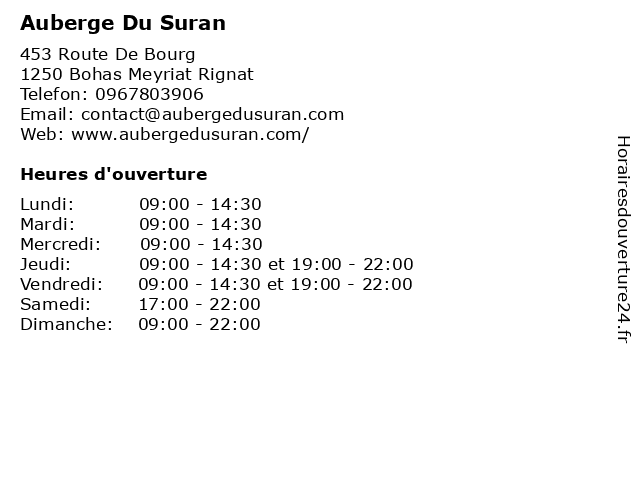 Auberge Du Suran à Bohas Meyriat Rignat: adresse et heures d'ouverture