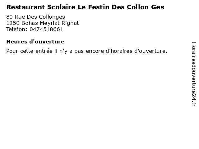 Restaurant Scolaire Le Festin Des Collon Ges à Bohas Meyriat Rignat: adresse et heures d'ouverture