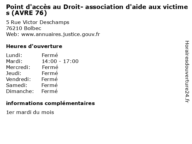 Point d'accès au Droit- association d'aide aux victimes (AVRE 76) à Bolbec: adresse et heures d'ouverture
