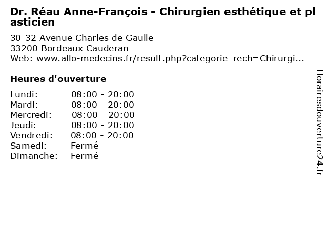 Dr. Réau Anne-François - Chirurgien esthétique et plasticien à Bordeaux Cauderan: adresse et heures d'ouverture