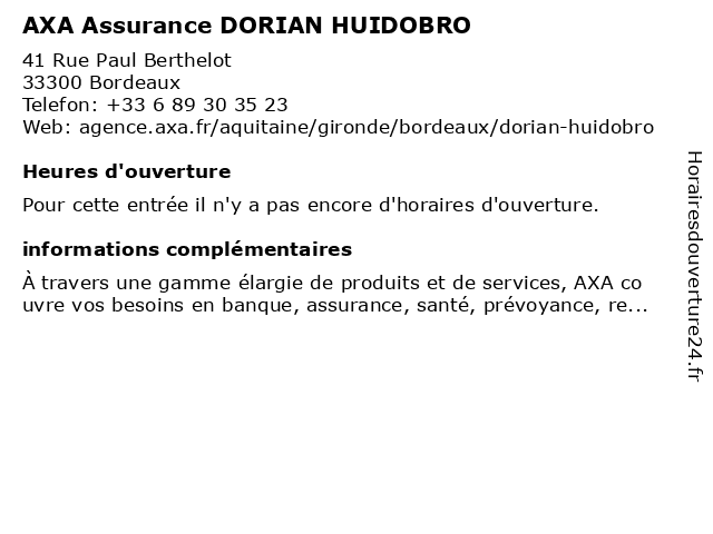 AXA Assurance DORIAN HUIDOBRO à Bordeaux: adresse et heures d'ouverture