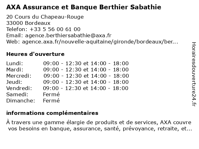 AXA Assurance et Banque Berthier Sabathie à Bordeaux: adresse et heures d'ouverture