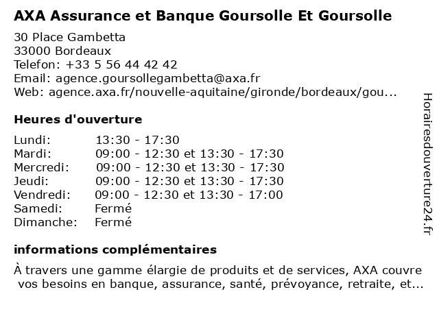 AXA Assurance et Banque Goursolle Et Goursolle à Bordeaux: adresse et heures d'ouverture