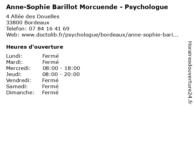Anne-Sophie Barillot Morcuende - Psychologue à Bordeaux: adresse et heures d'ouverture