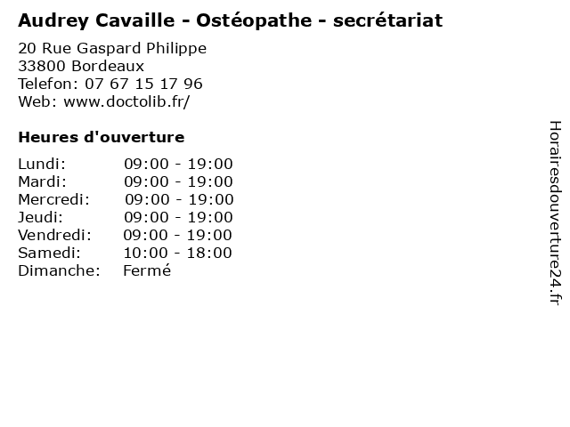 Audrey Cavaille - Ostéopathe - secrétariat à Bordeaux: adresse et heures d'ouverture