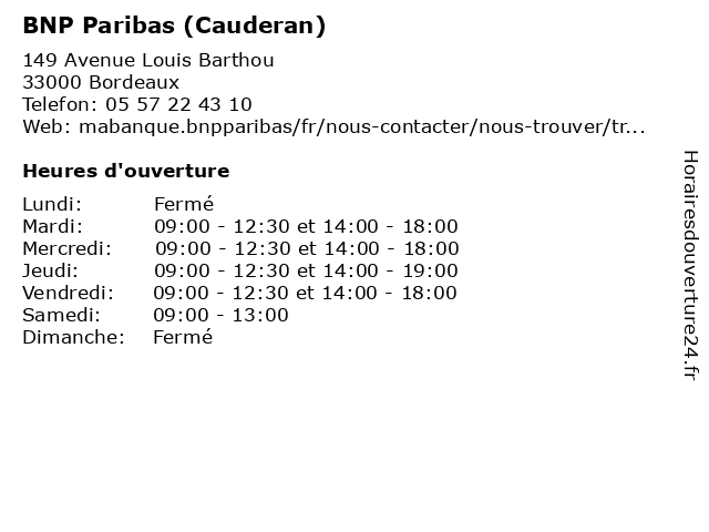 BNP Paribas (Cauderan) à Bordeaux: adresse et heures d'ouverture