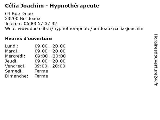 Célia Joachim - Hypnothérapeute à Bordeaux: adresse et heures d'ouverture