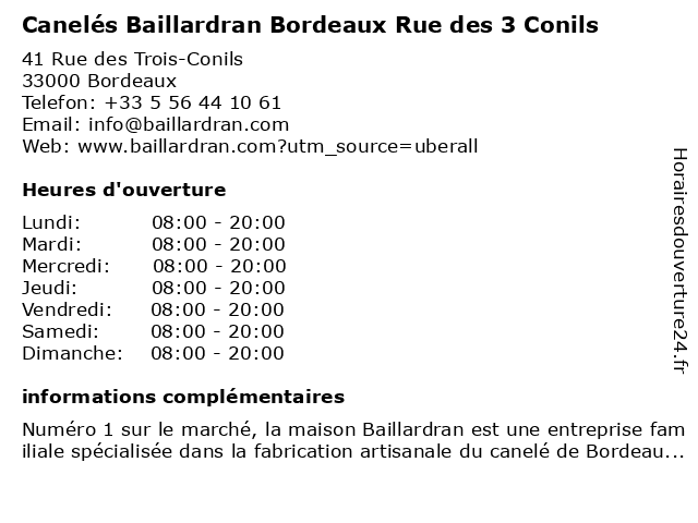 Canelés Baillardran Bordeaux Rue des 3 Conils à Bordeaux: adresse et heures d'ouverture