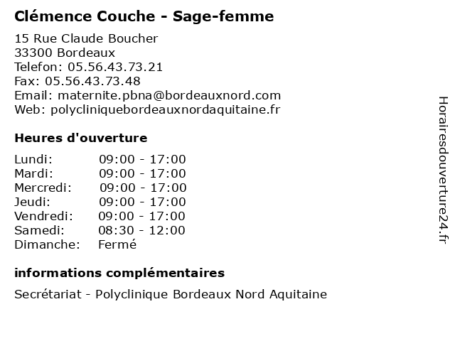 Clémence Couche - Sage-femme à Bordeaux: adresse et heures d'ouverture