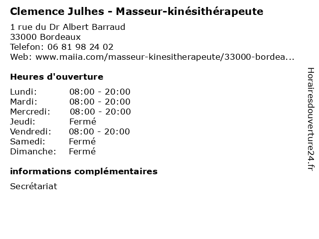 Clemence Julhes - Masseur-kinésithérapeute à Bordeaux: adresse et heures d'ouverture