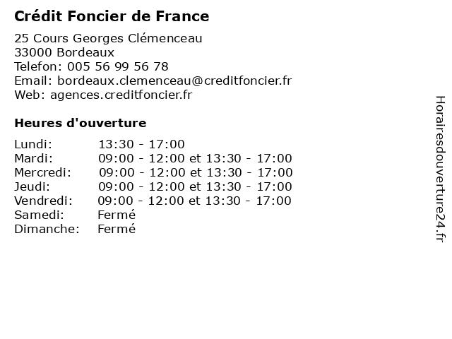 Crédit Foncier de France à Bordeaux: adresse et heures d'ouverture