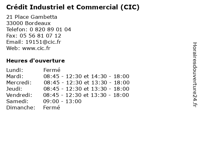 Crédit Industriel et Commercial (CIC) à Bordeaux: adresse et heures d'ouverture