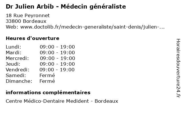 Dr Julien Arbib - Médecin généraliste à Bordeaux: adresse et heures d'ouverture