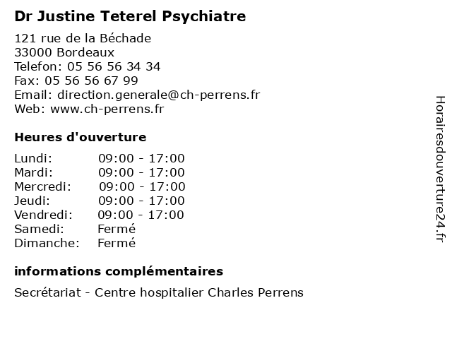 Dr Justine Teterel Psychiatre à Bordeaux: adresse et heures d'ouverture
