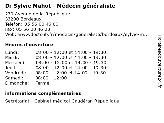 Dr Sylvie Mahot - Médecin généraliste à Bordeaux: adresse et heures d'ouverture