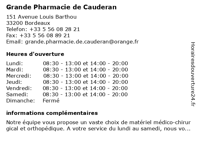 Grande Pharmacie de Cauderan à Bordeaux: adresse et heures d'ouverture