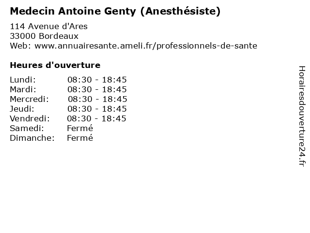 Medecin Antoine Genty (Anesthésiste) à Bordeaux: adresse et heures d'ouverture