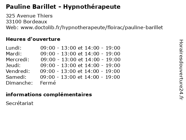 Pauline Barillet - Hypnothérapeute à Bordeaux: adresse et heures d'ouverture