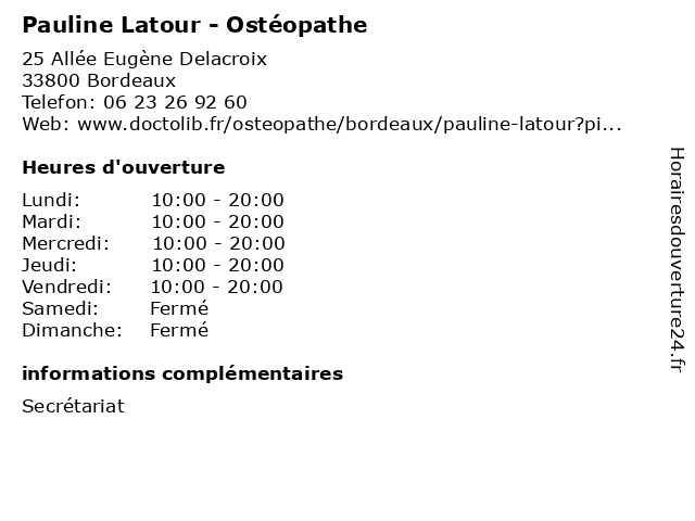 Pauline Latour - Ostéopathe à Bordeaux: adresse et heures d'ouverture