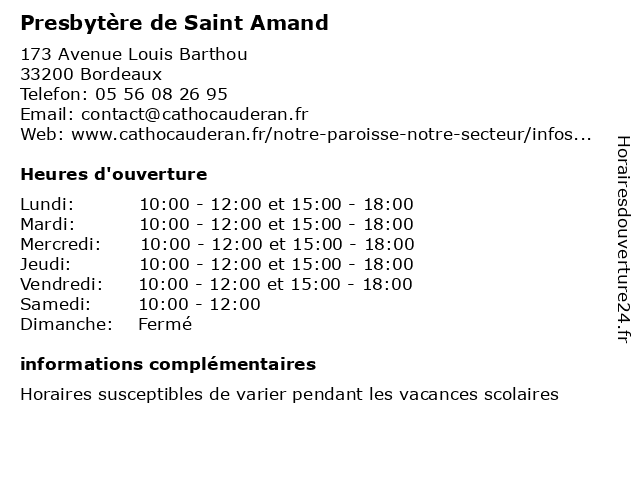 Presbytère de Saint Amand à Bordeaux: adresse et heures d'ouverture