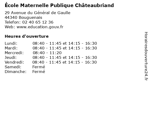 École Maternelle Publique Châteaubriand à Bouguenais: adresse et heures d'ouverture
