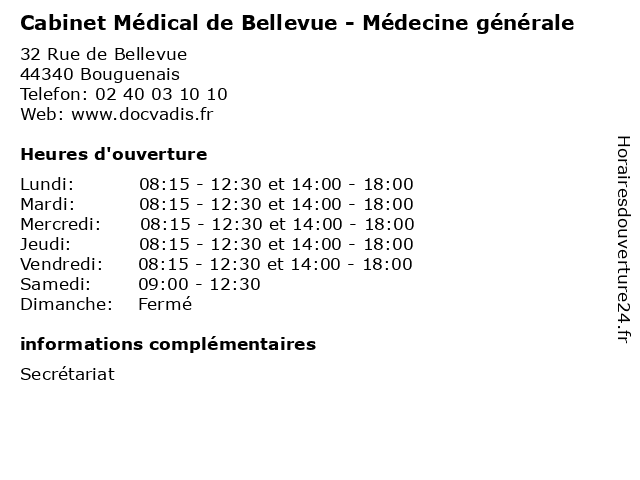 Cabinet Médical de Bellevue - Médecine générale à Bouguenais: adresse et heures d'ouverture