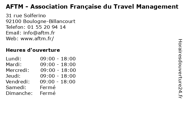 AFTM - Association Française du Travel Management à Boulogne-Billancourt: adresse et heures d'ouverture