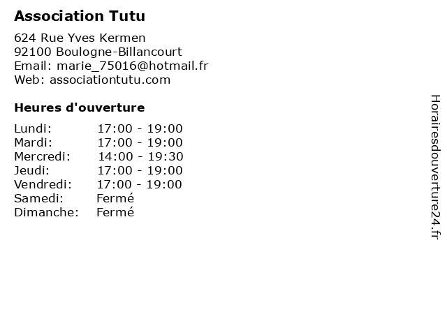 Association Tutu à Boulogne-Billancourt: adresse et heures d'ouverture