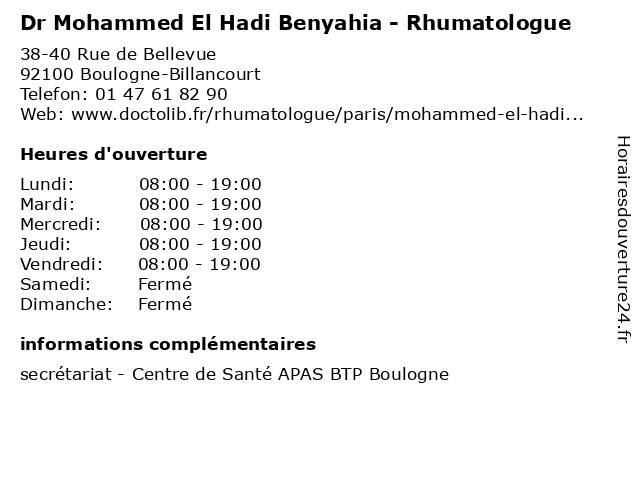 Dr Mohammed El Hadi Benyahia - Rhumatologue à Boulogne-Billancourt: adresse et heures d'ouverture
