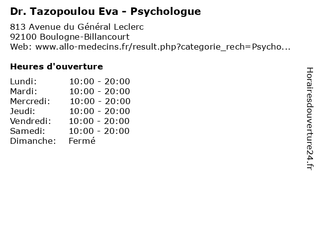 Dr. Tazopoulou Eva - Psychologue à Boulogne-Billancourt: adresse et heures d'ouverture