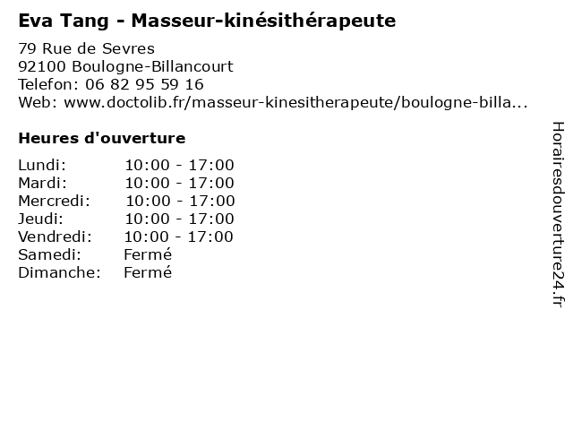 Eva Tang - Masseur-kinésithérapeute à Boulogne-Billancourt: adresse et heures d'ouverture