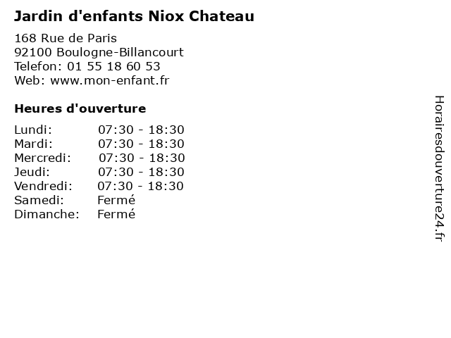 Jardin d'enfants Niox Chateau à Boulogne-Billancourt: adresse et heures d'ouverture